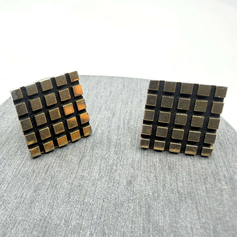 Swank Gold Tone Black Grid Square Cufflinks Geometric Mid Century Modern Gift